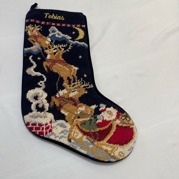 Lands End VTG Reindeer Santa Needlepoint Christmas Stocking Tobias - Picture 3 of 6